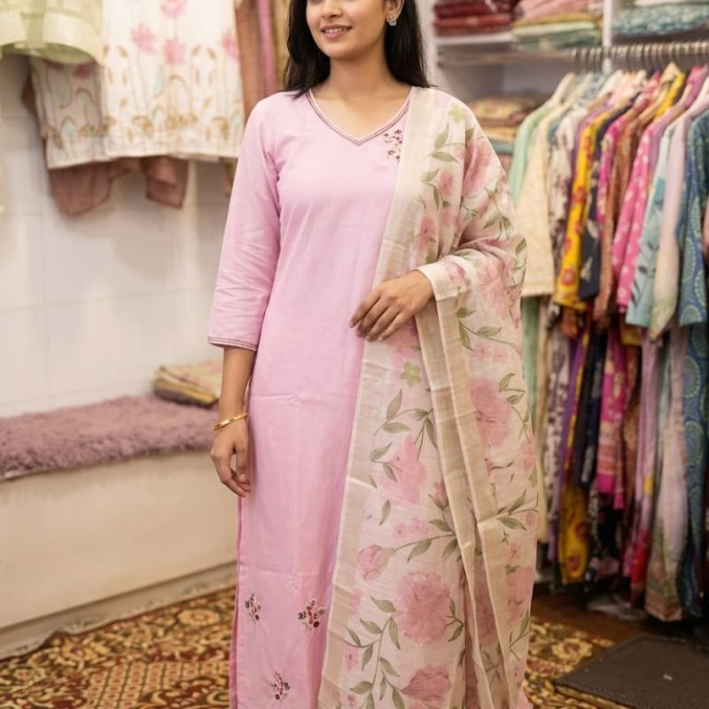 Premium cotton mul mul handwork with lining with pant with soft Chanderi dupatta